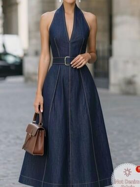 Halter-Neck Dark Blue Denim Dress with Belt